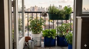 Urban apartment balcony garden with tomatoes, peppers, lettuce, and herbs growing in containers overlooking a city skyline at sunset.