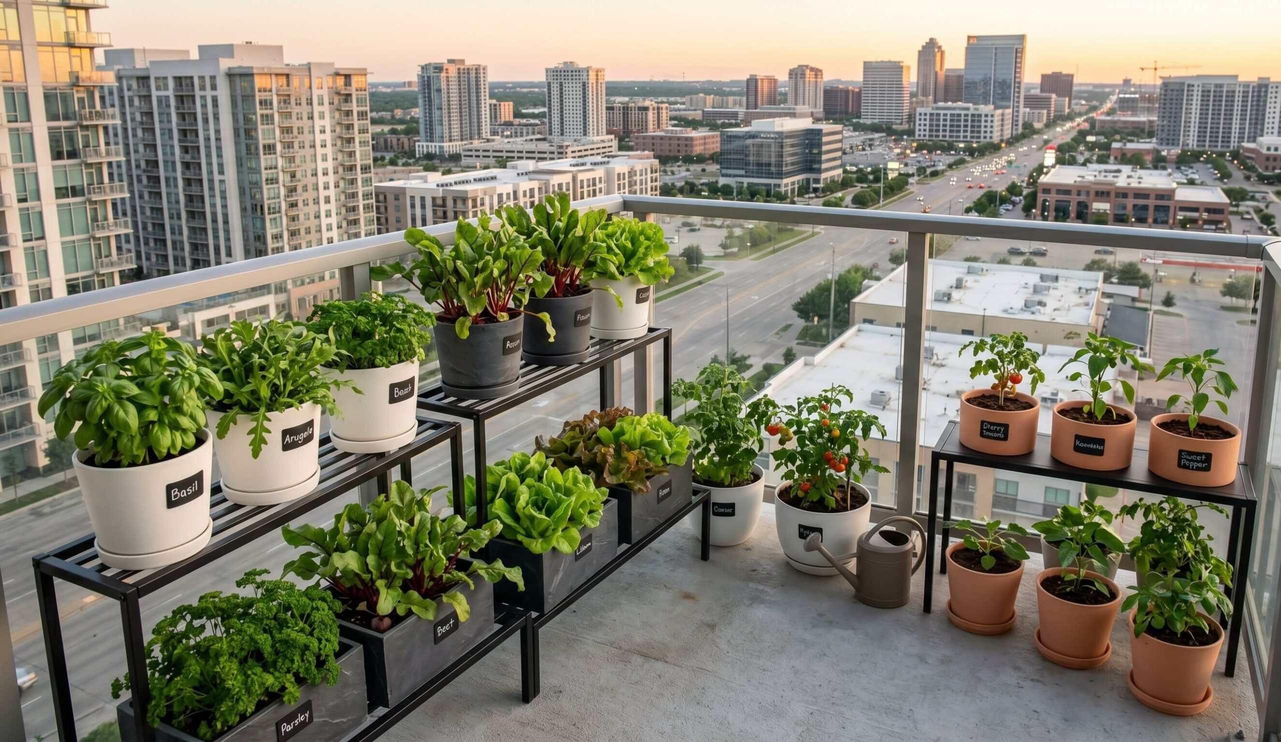 Urban container garden growing vegetables and herbs on a small apartment balcony with city buildings in the background.