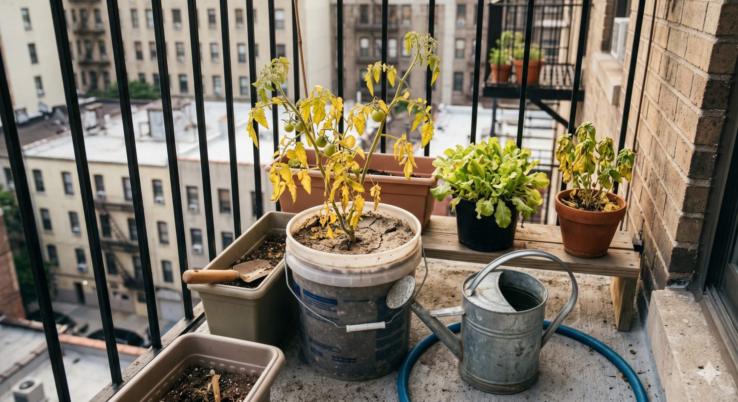 Container gardening mistakes causing stressed vegetable plants on an apartment balcony