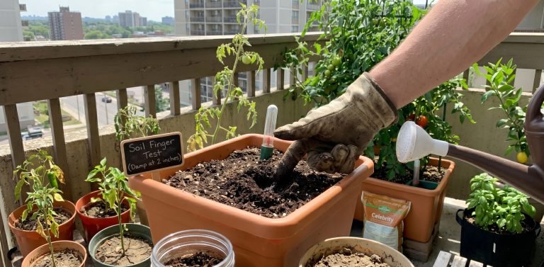 Gardener watering container vegetables on an apartment balcony garden during summer.