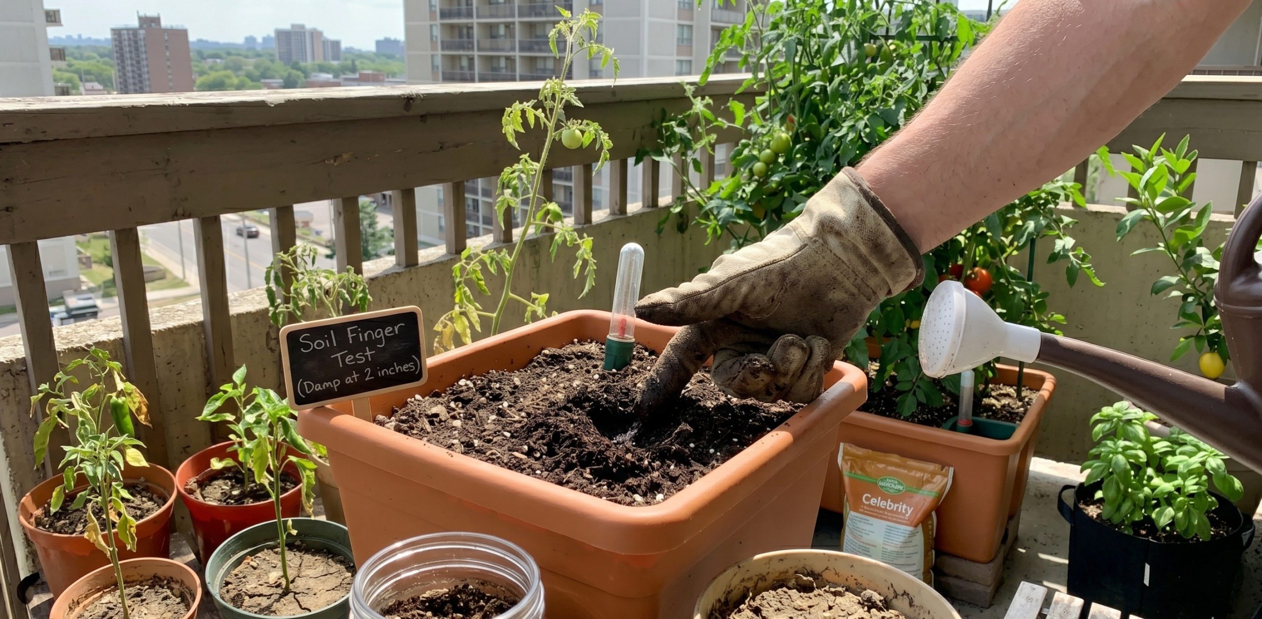 Gardener watering container vegetables on an apartment balcony garden during summer.