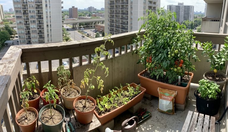 Apartment garden with struggling container vegetables on a city balcony showing why apartment gardens fail before harvest.