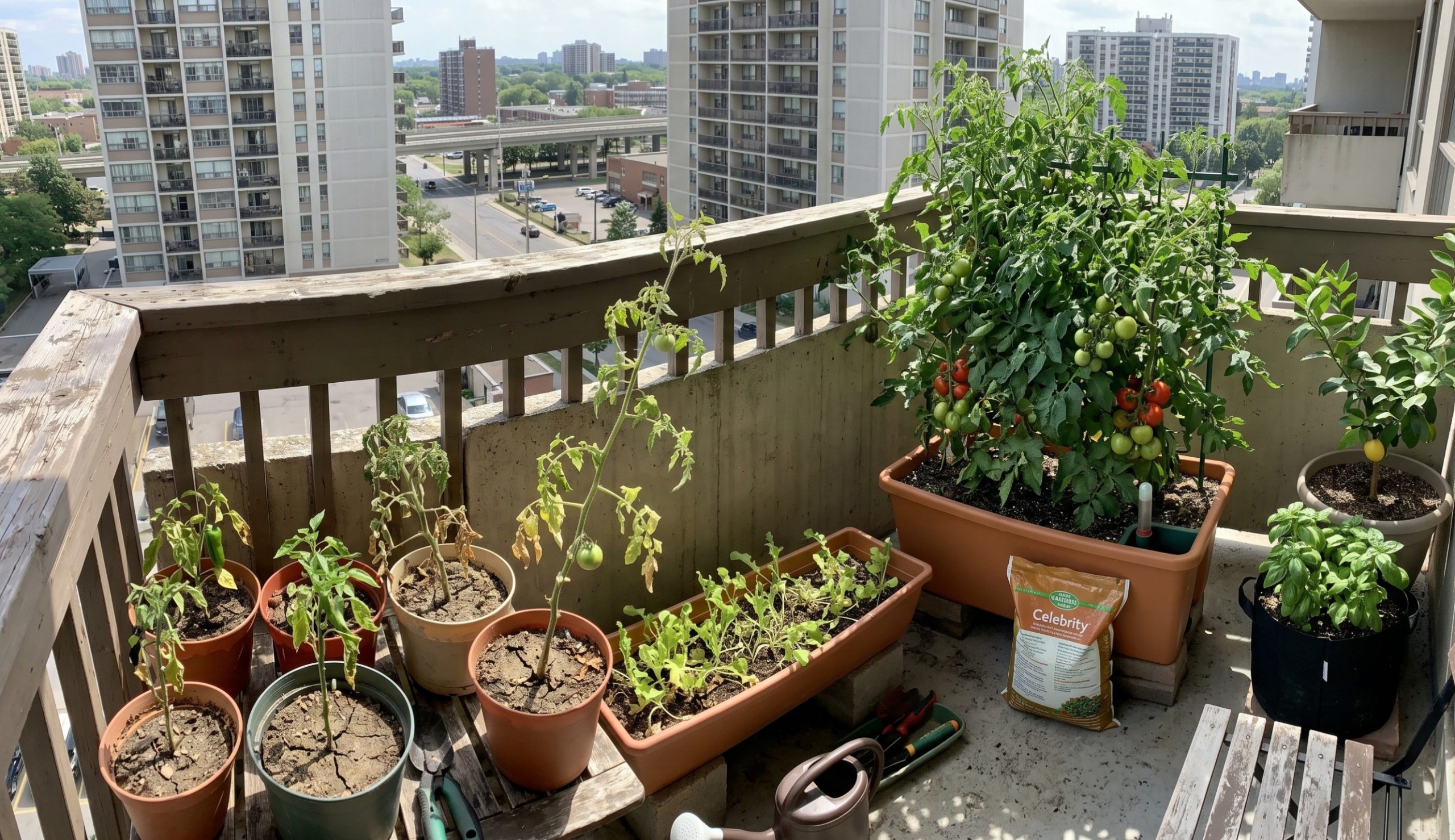 Apartment garden with struggling container vegetables on a city balcony showing why apartment gardens fail before harvest.