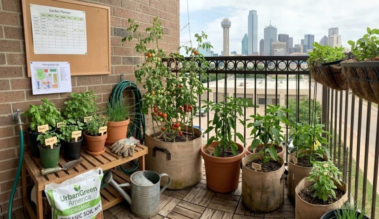 Apartment balcony garden with vegetables growing in containers and grow bags overlooking a city skyline.